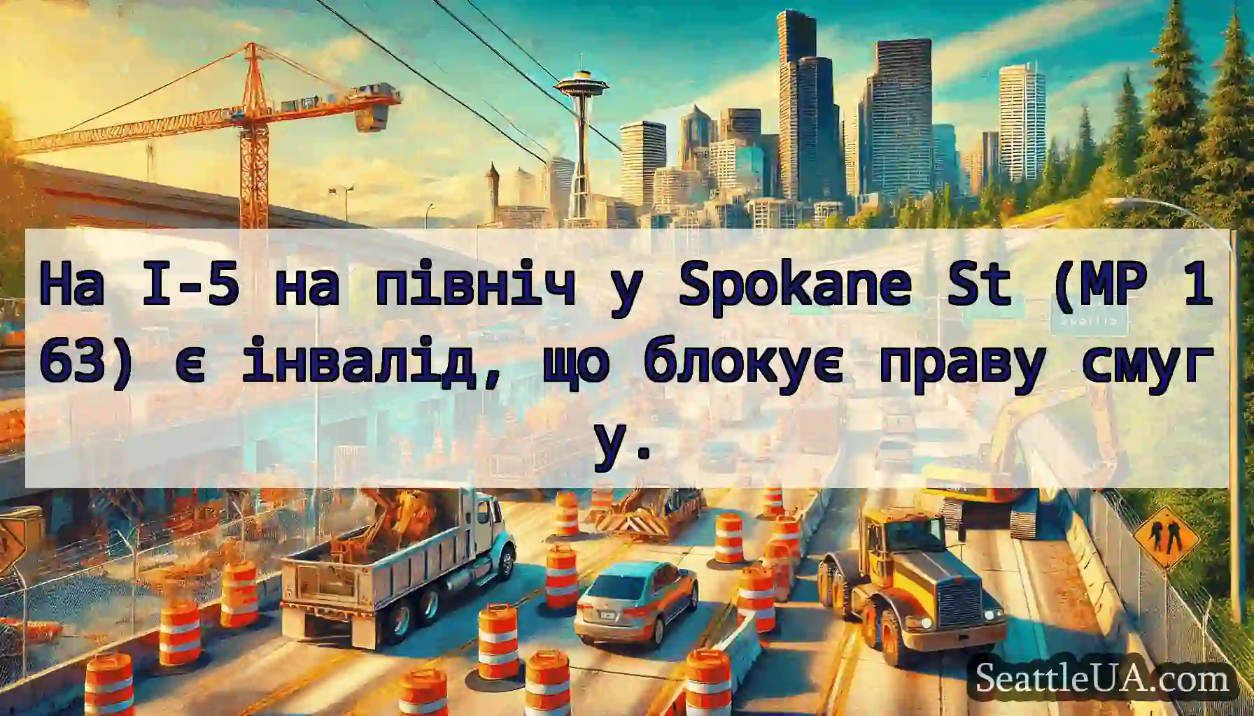 На I-5 на північ у Spokane St (MP 163) є інвалід,
