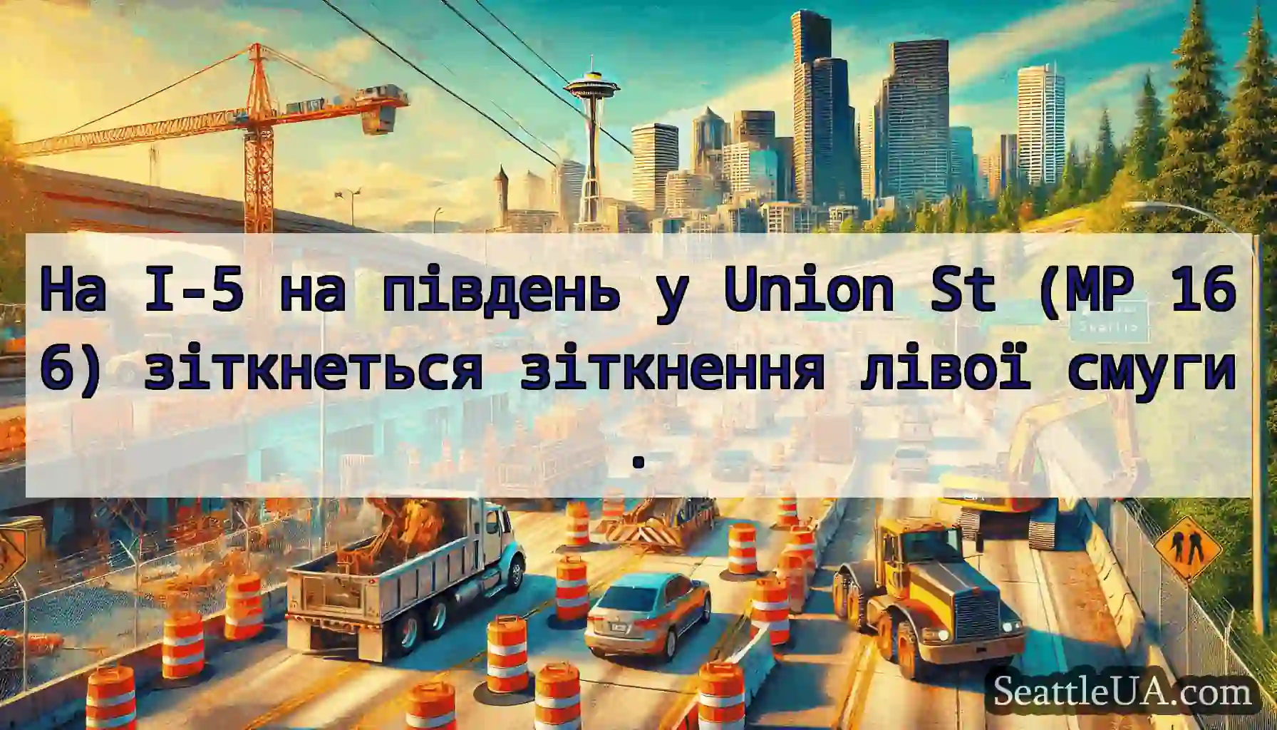 На I-5 на південь у Union St (MP 166) зіткнеться