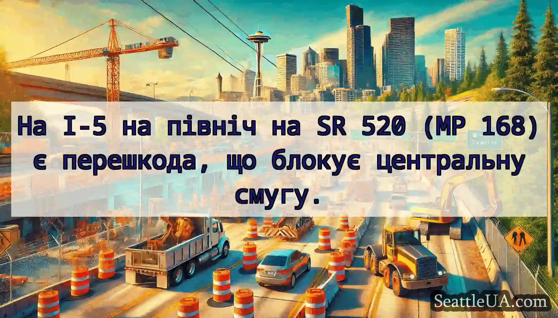 На I-5 на північ на SR 520 (MP 168) є перешкода,