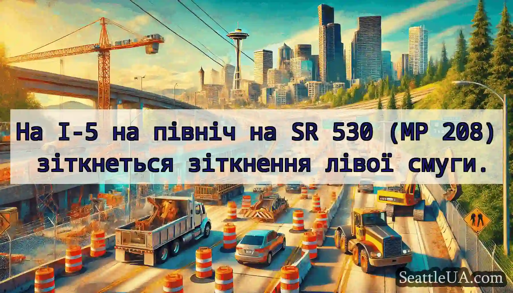 На I-5 на північ на SR 530 (MP 208) зіткнеться