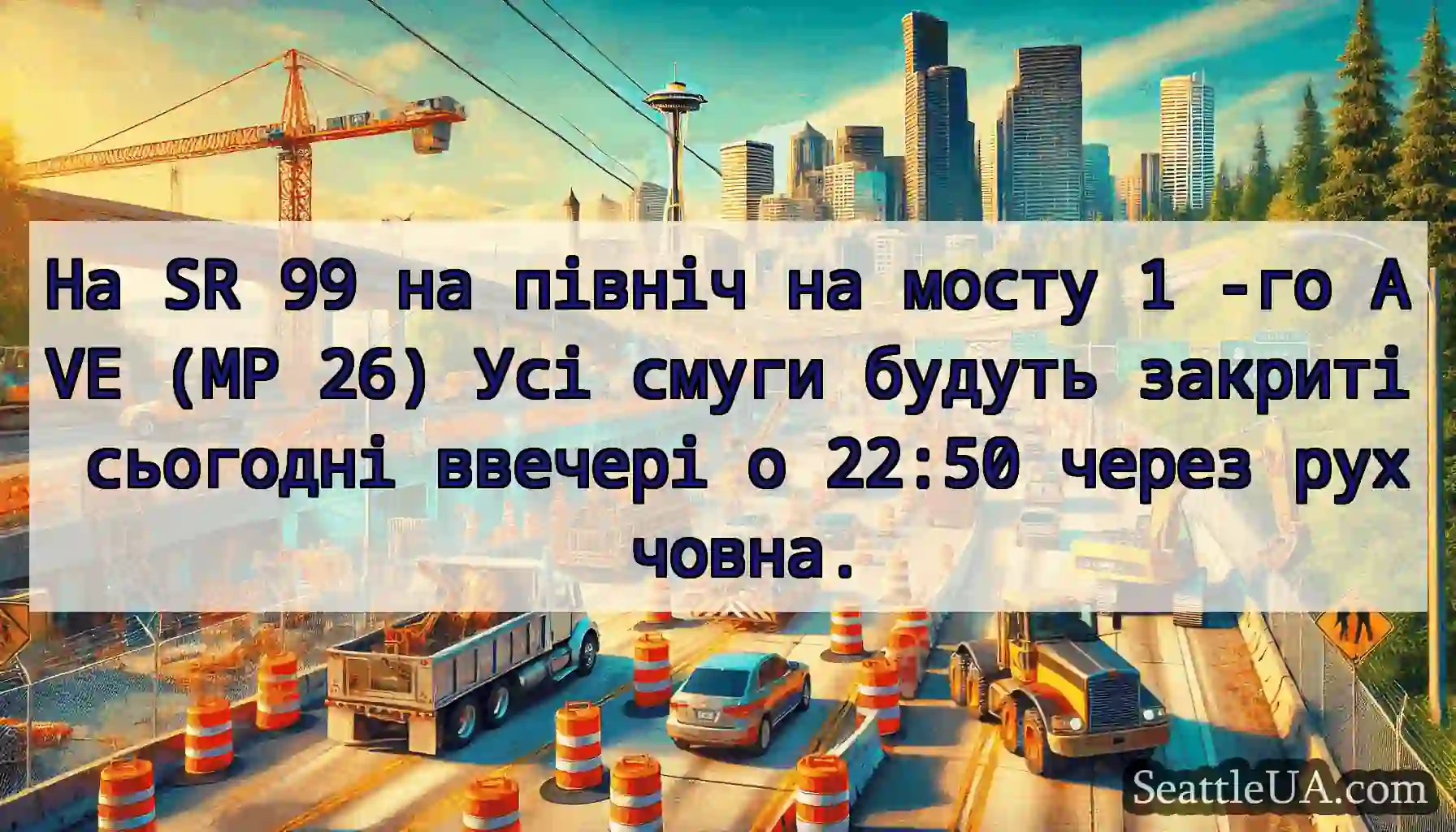 На SR 99 на північ на мосту 1 -го AVE (MP 26) Усі