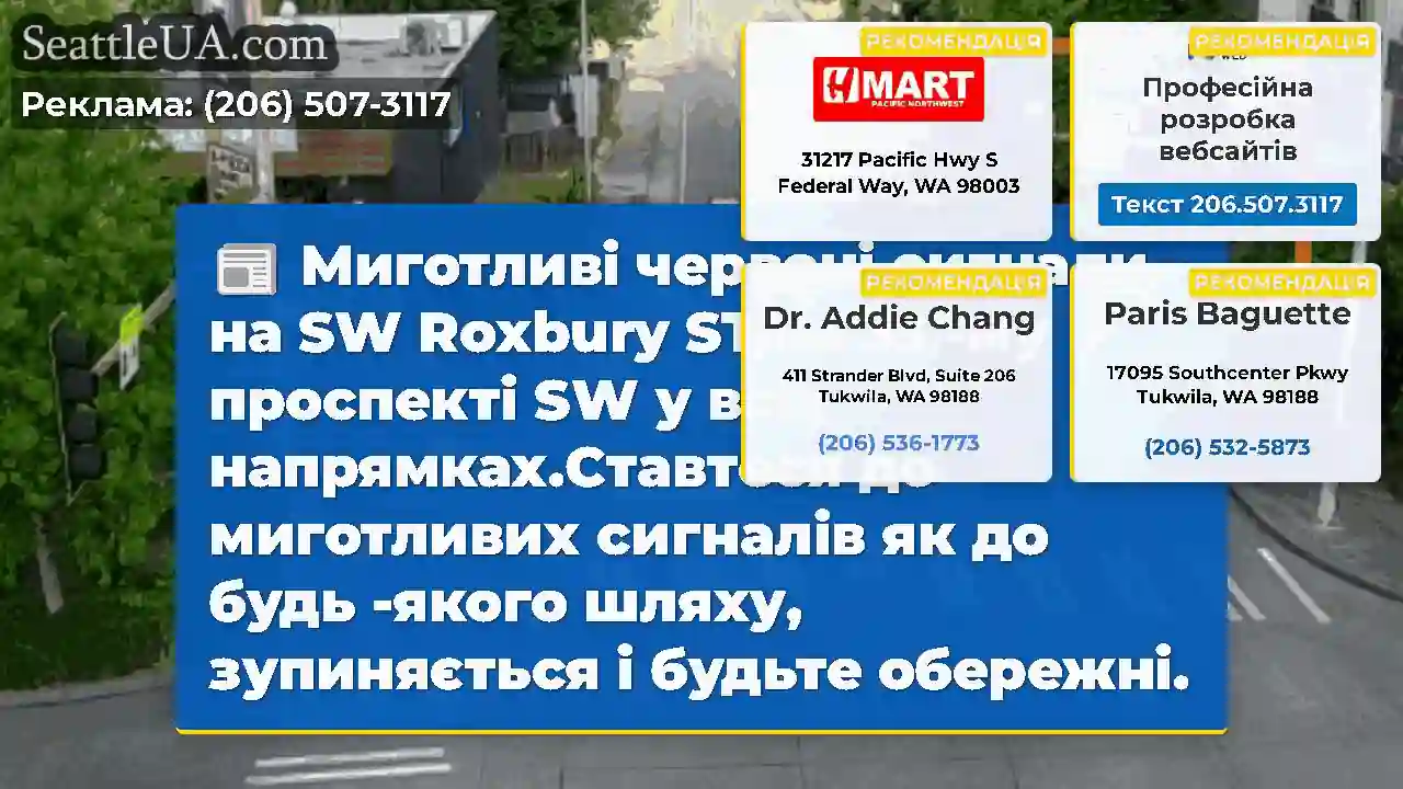 Миготливі червоні сигнали на SW Roxbury ST на 35