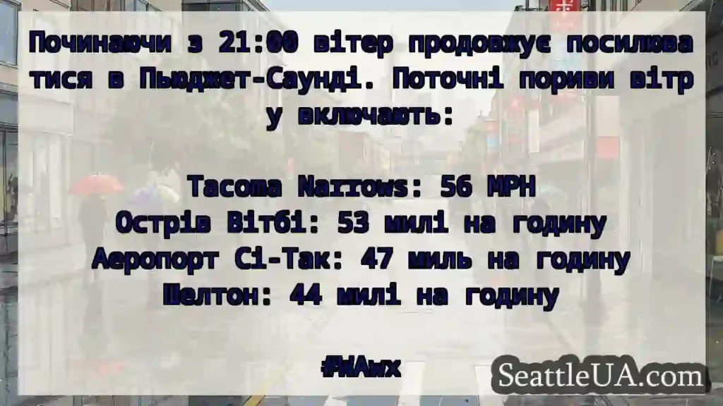 Починаючи з 21:00 вітер продовжує посилюватися в