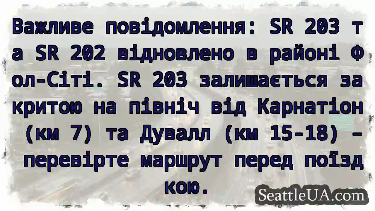 SR 203: Частково відкрито! Перевірте маршрут.
