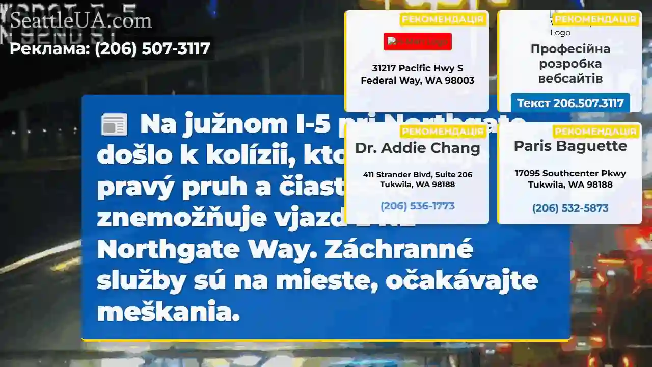 Kolízia na I-5! Pravý pruh blokovaný.