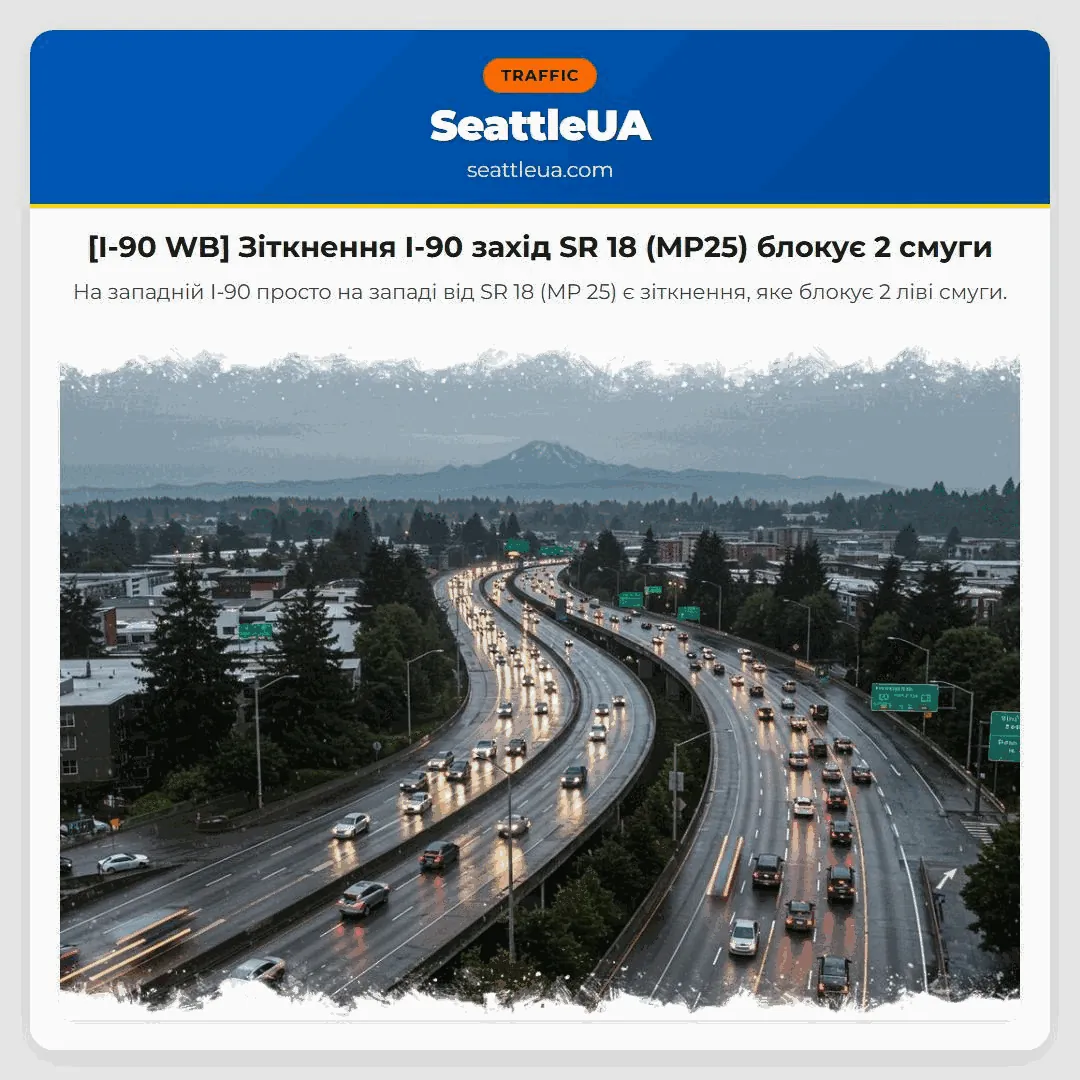 [I-90 WB] Зіткнення I-90 захід SR 18 (MP25) блокує 2 смуги
